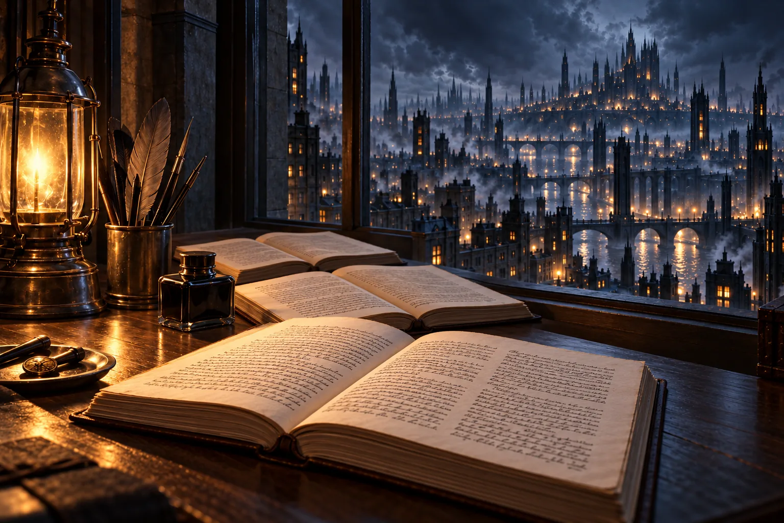 A symbolic writing table holds a carefully made manuscript and repeated copies beside modest copying tools. Beyond a window, inhabited Luthadel recedes into night mists. The composition links careful preservation to consequences beyond the room; it is not a recorded scene and contains no readable quotation.