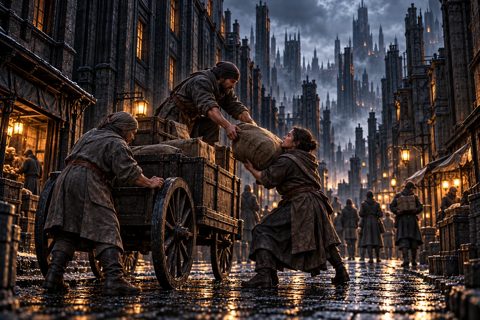 A symbolic civic scene in Luthadel: a small cart and working figures move through a soot-dark street beneath immense imperial buildings. The city remains inhabited; this is an editorial synthesis, not a surveyed street.