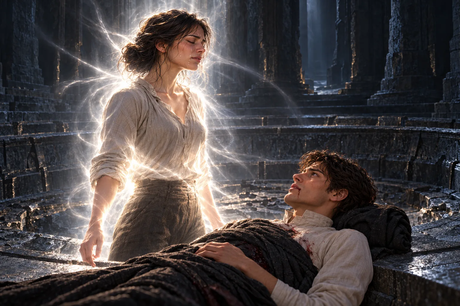 At the Well, Vin stands with closed eyes and tears on her face as power from within her lights the cavern. Wounded Elend lies beside the depleted pool, his head resting on her rolled coat. This is the moment before she releases the power.