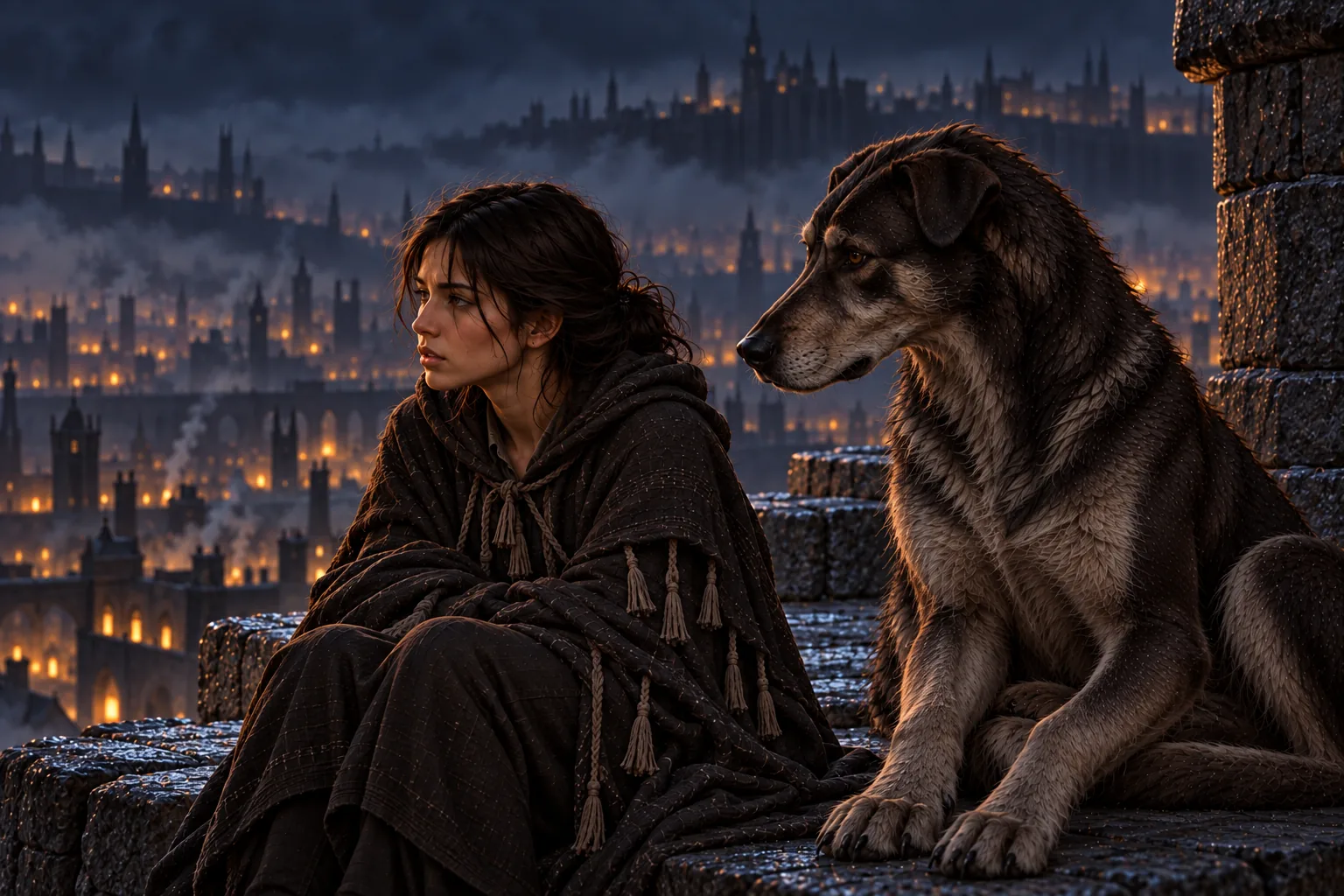 On a wall-top roof at night, Vin and OreSeur sit side by side facing misty Luthadel. Vin looks outward while OreSeur turns his head towards her, interrupting their shared guarded stillness.