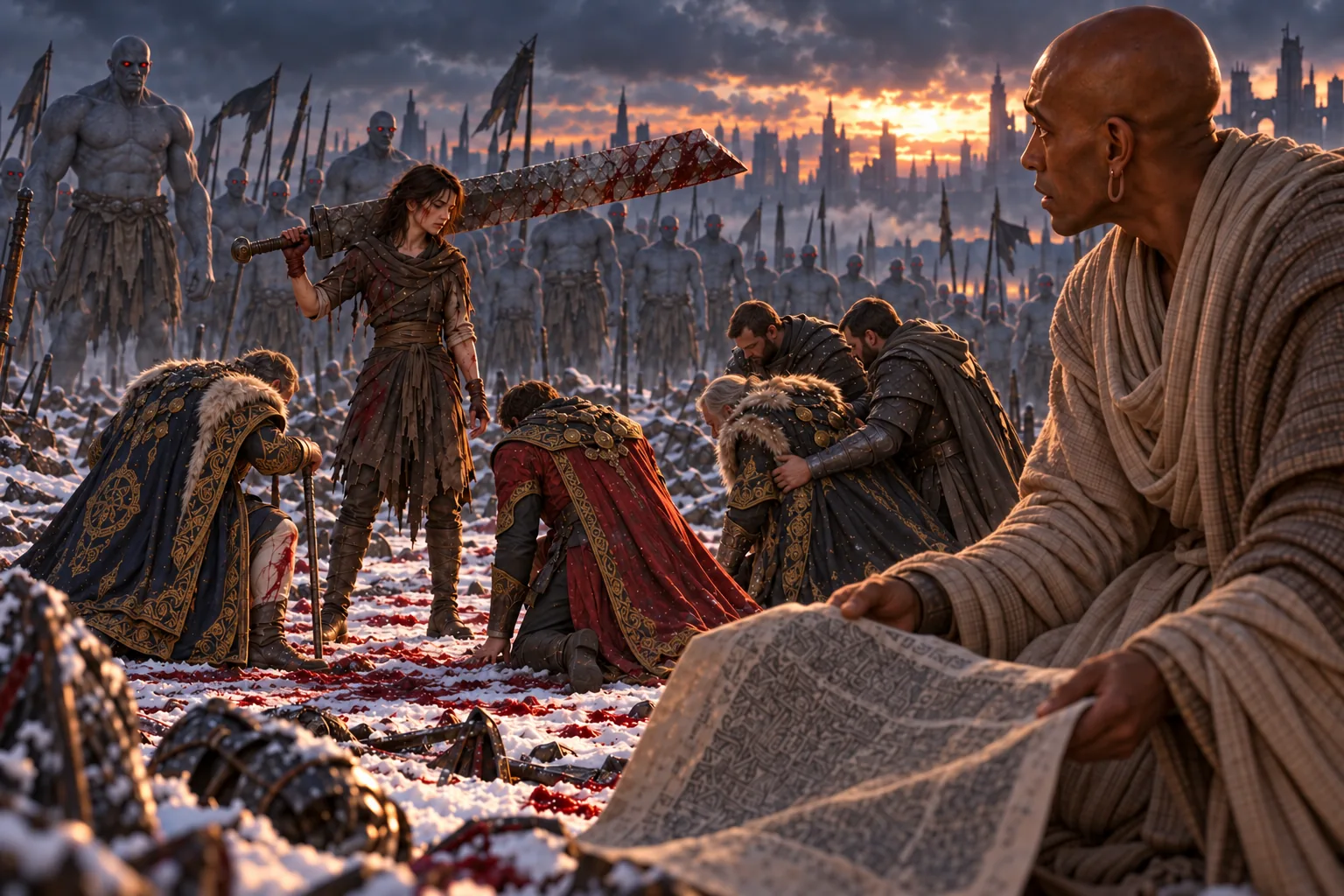 In bloodied snow, exhausted Vin stands with a massive koloss sword on her shoulder as three distinct kings bow before her. Silent koloss watch behind them. Sazed looks towards Vin with a rubbing in hand; his physical consultation of it is an interpretive visual action, while the report describes his recollection.