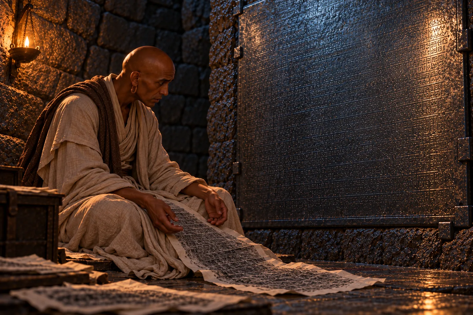 In a small rock chamber, Sazed sits low beneath the steel plate, shoulders folded as he looks towards it. A charcoal rubbing rests low beside him; its placement is interpretive. The scene conveys his numb recognition and keeps the two records distinct, rather than depicting a symbolic archive.