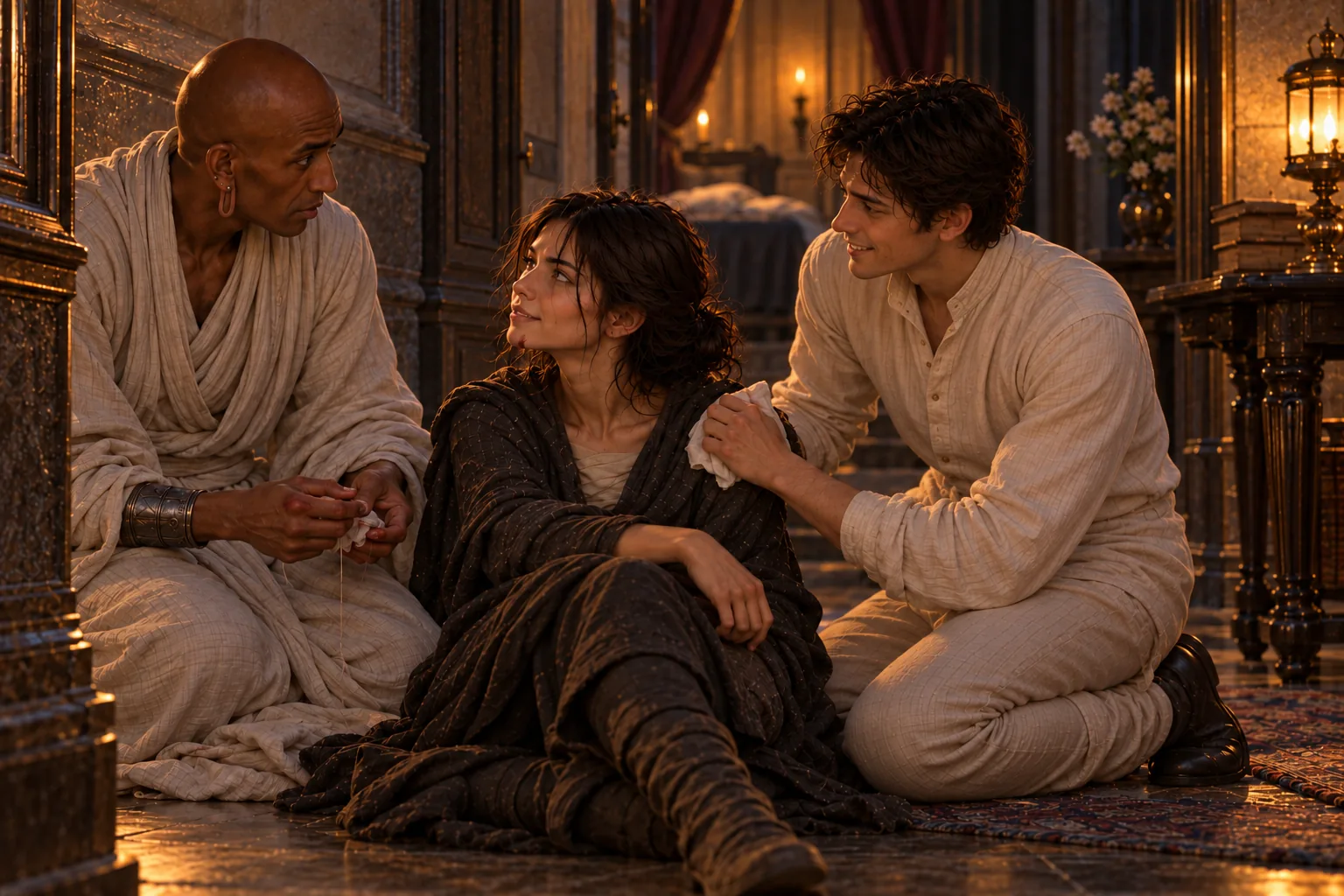 In a private room during the siege, injured Vin sits against a wall as Sazed witnesses the Larsta oath. Elend kneels beside her with a cloth at her shoulder; Sazed ties off his thread. The illustration keeps her treatment discreet.