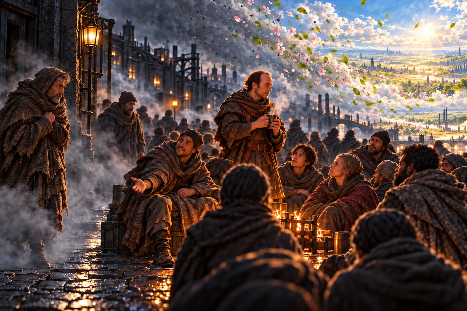An interpretive gathering around Demoux’s fire in a dark, mist-filled Luthadel square. Skaa listen as bright plants, flowers, and sunlight open beyond them as an imagined future beyond the ash, not a literal transformation above the city.