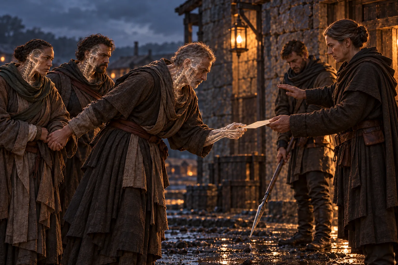 An interpretive historical reconstruction: an anonymous human offers written terms to a translucent kandra, who reaches to accept while keeping the other hand connected to the people behind. A hunter lowers a weapon. The handover represents a survival bargain; it is not a recorded founding ceremony.